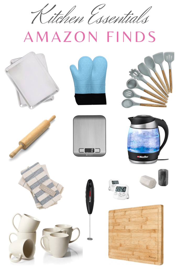 Photo collage of 12 Kitchen tools and gadgets. Title text: Kitchen Essentials, Amazon Finds. The items pictured are two aluminum baking trays, two blue silicon oven mitts, a set of grey and solid wood silicon kitchen utensils, a natural wood rolling pin, kitchen scale, electric kettle, dish towels with white and blue stripes, a black handle milk frother, two digital kitchen timers, grey and white marble salet and pepper shakers, a set of ivory coffee mugs, and a bamboo cutting board.